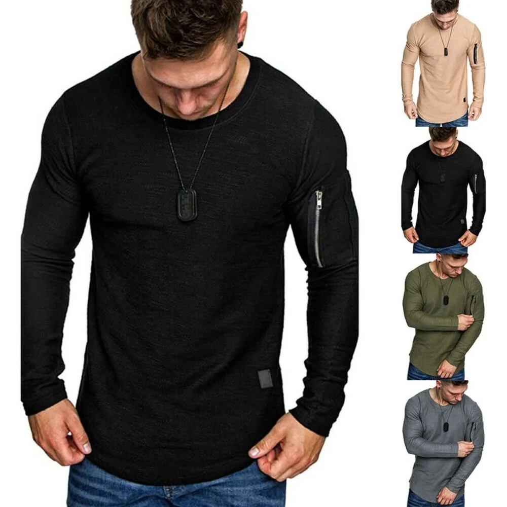 

Men's Zipper Porkets Long Sleeve Crew Neck T Shirt Blouse Casual Slim Fit Tops