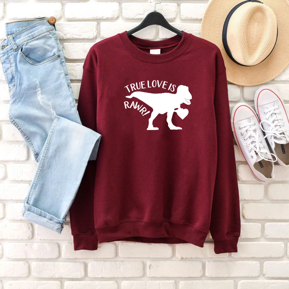 

True love dinosaur heart graphic women fashion Valentine's Day slogan lover couple sweatshirt vintage cotton hipster gift tops