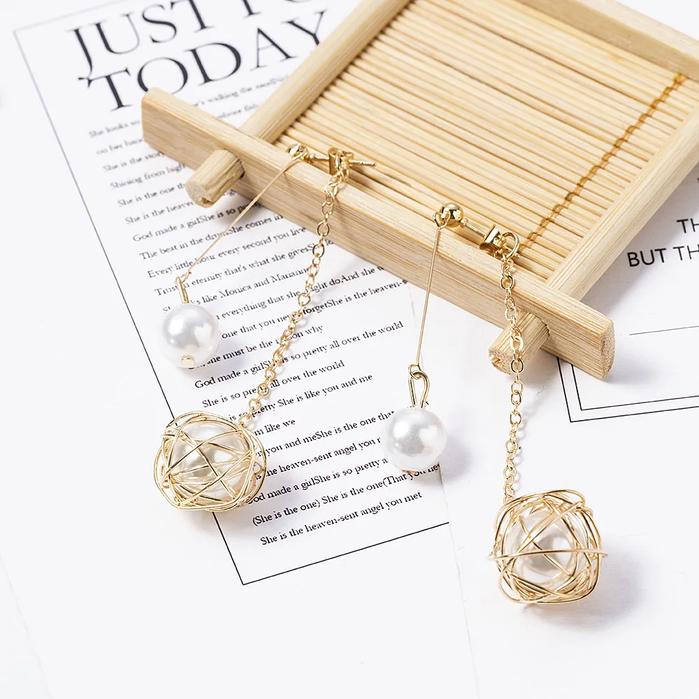 Висячие серьги из шпагат с металлическим шариком и искусственным жемчугом для