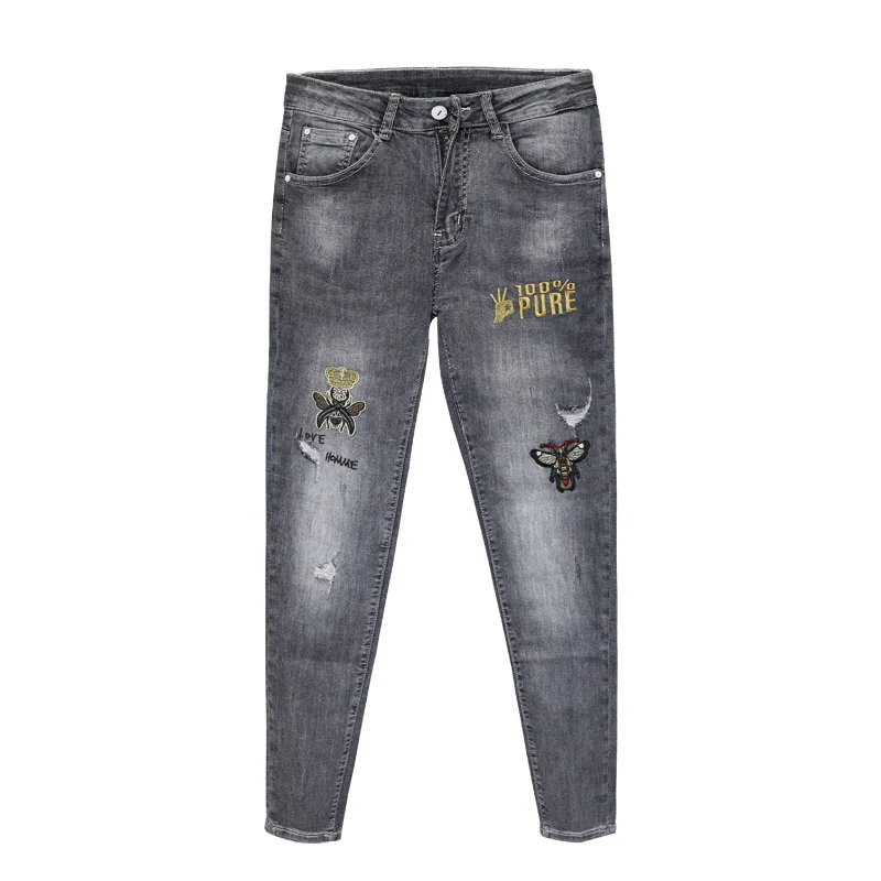 

Washed fashion ripped holes distressed gray feet trousers men's spring youth bee embroidery trend slim teenager pencil jeans