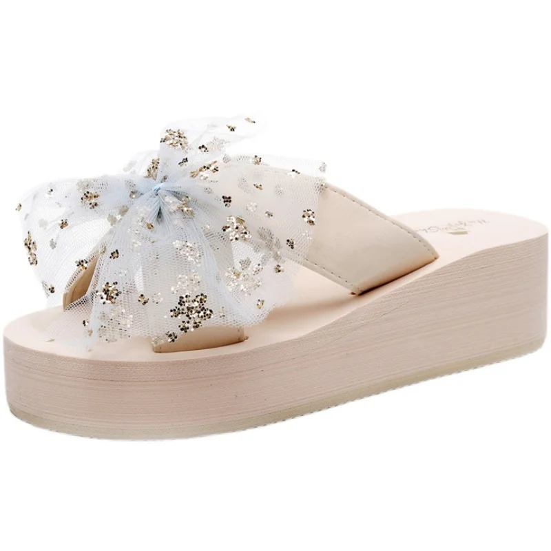 

Beach Shoes Slippers Flat Rubber Flip Flops Women Heels Slides On A Wedge Fashion Flower Platform Sabot Summer Hawaiian High