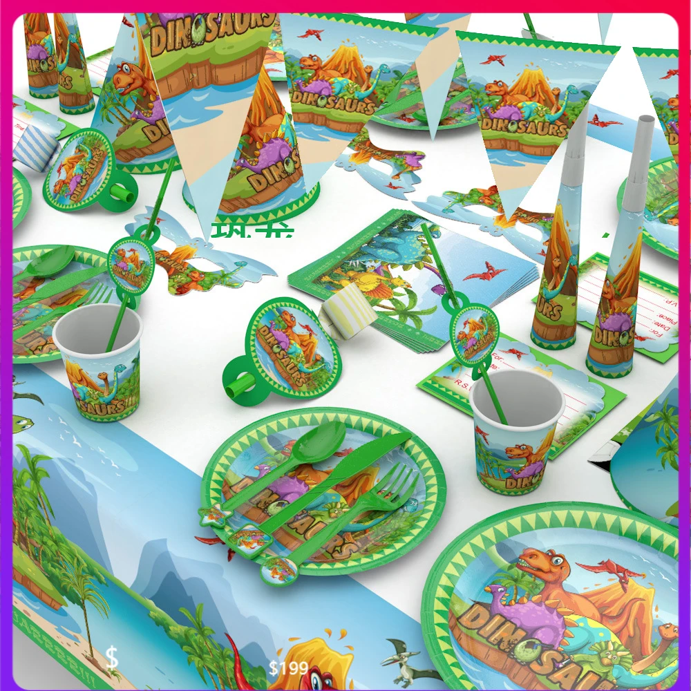 

Watercolor Dinosaur Party Supplies-dinosaur Theme Party Decoration Tableware Set Disposable Paper Plate Cup Tablecloth Top Hat
