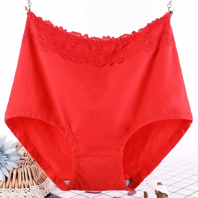 Кружево талии большой размер 2XL/3XL/4XL/5XL/6XL Мода хлопок нижнее белье женские трусики леди Мумия брюки Бесшовные хлопок - Цвет: Красный