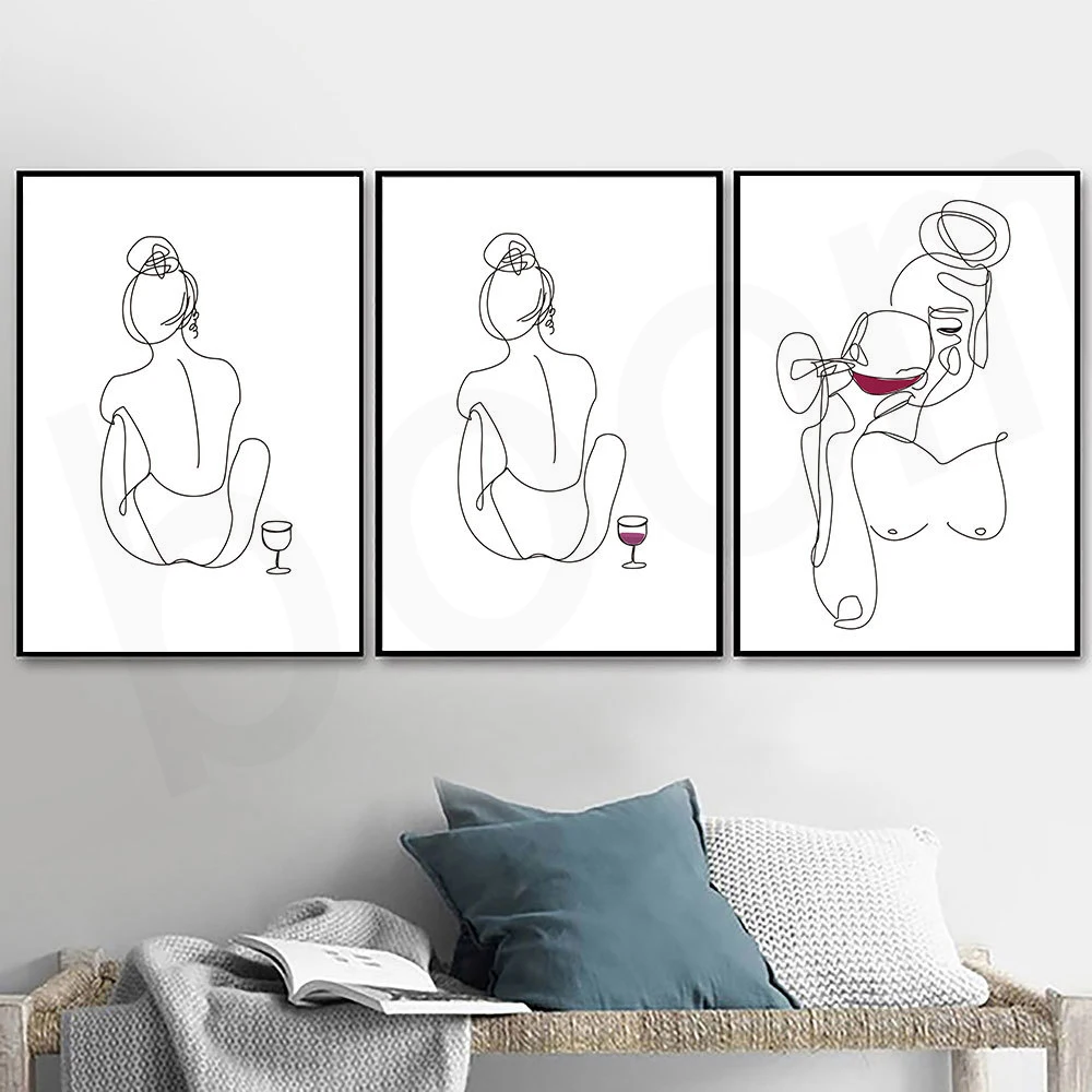 

Nordic Abstract Canvas Painting Wall Art Line Drawing Woman Body Nude Posters Print Red Wine Glass Drink Pictures Room Decor