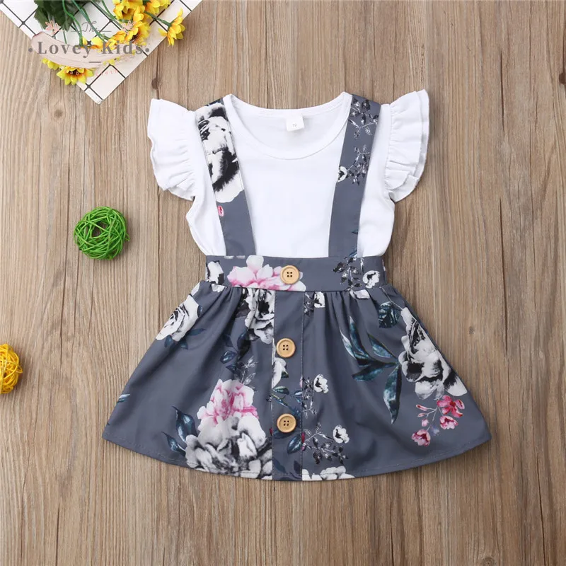 

2020 Baby Girl Outfit 2PCS Sweet Set Ruffle Sleeve Bodysuit Floral Flower Skirt Overalls 0-24M Toddler Newborn Clothes