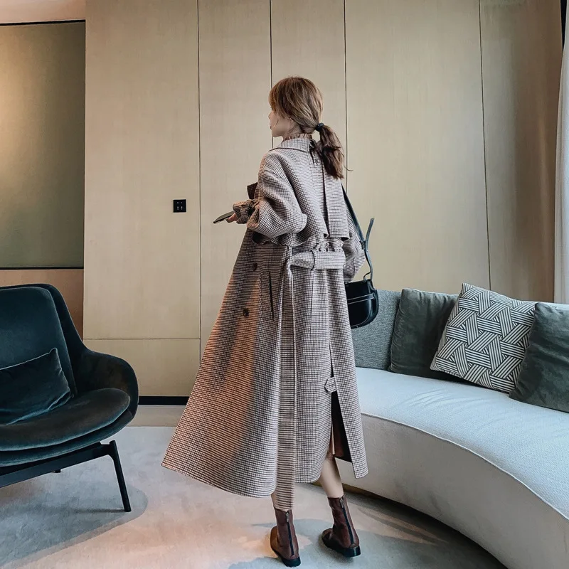 Новинка Европейский стиль Зимняя мода Ретро клетчатое шерстяное пальто для