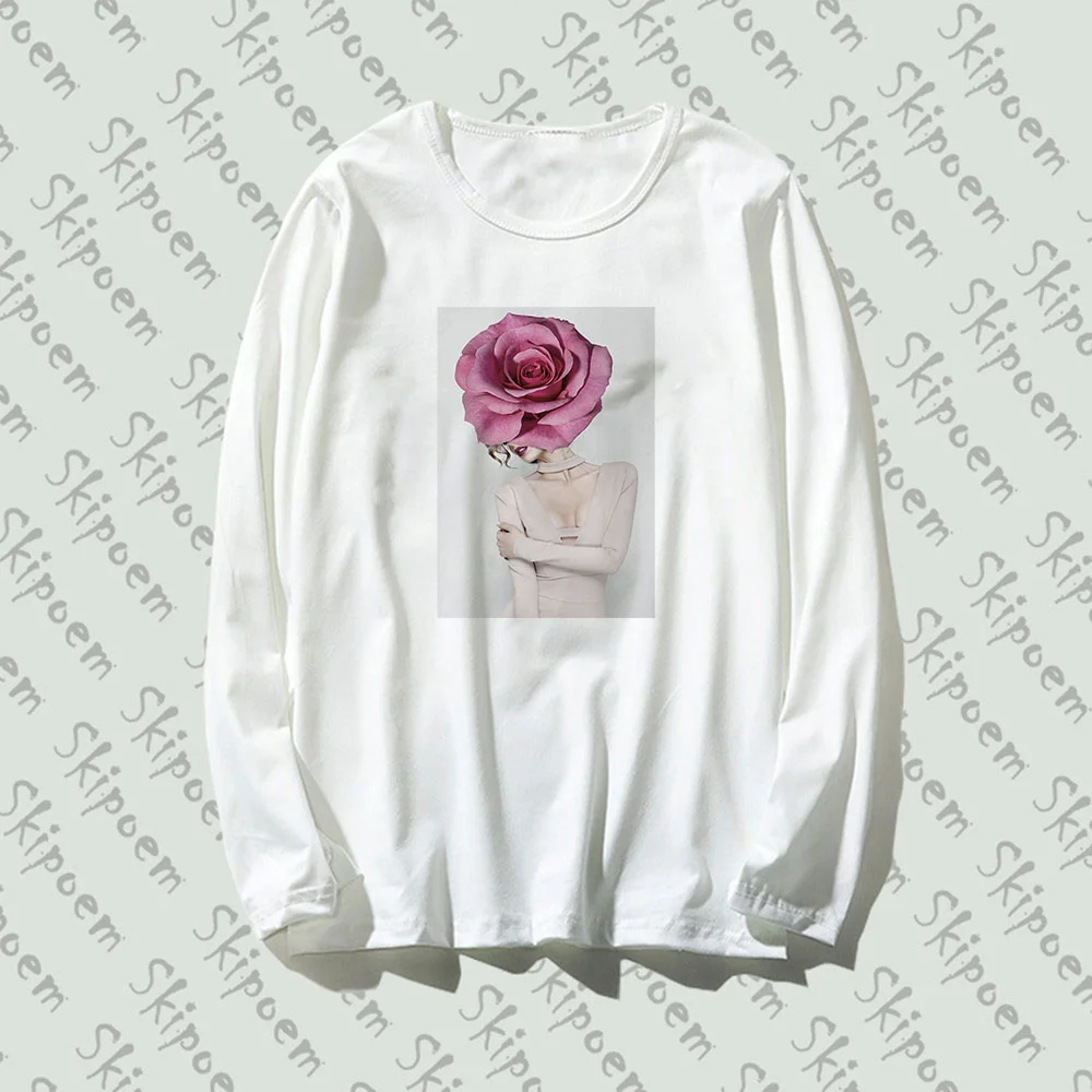 

Черная и белая Длинная женская футболка, сексуальная женская забавная футболка с розами, хлопковая Футболка с круглым вырезом, футболки раз...