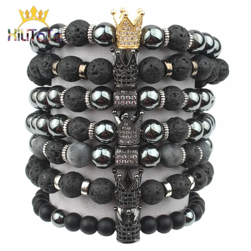 2020 New Fashion Women Men Bracelet Cz Crown King Charm Stone Beads Bracelets Black Agates Hematite Lava Elastic Yoga | Украшения и