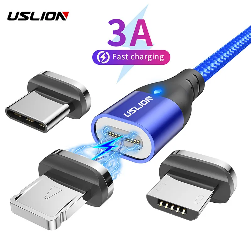 Магнитный кабель USLION 3A светодиодный для быстрой зарядки iPhone 12 Samsung Android Phone Micro Magnet