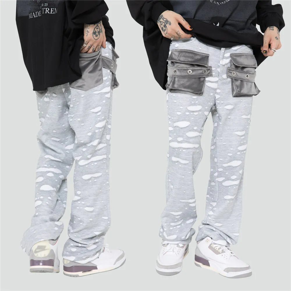 

Pants Men Fake Holes Design Oversized Cargo Sweatpants Cotton Soft Hip Hop Streetwear Casual Trousers with Pockets