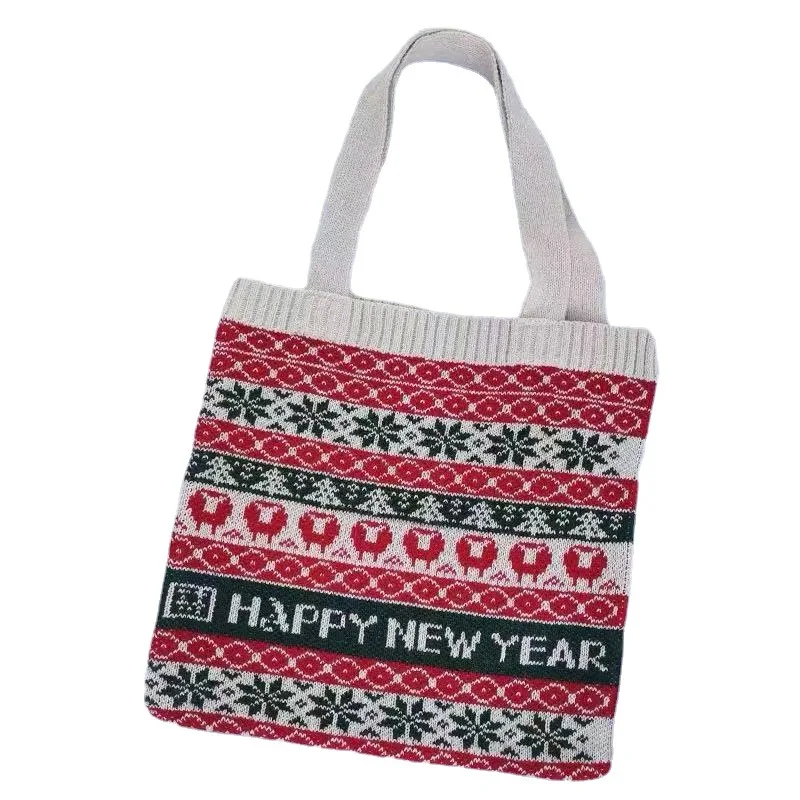 

2021 New Christmas Women's Knitted Handbag Large Capacity Tote Single Shoulder Bag Female Ins Style Handle Bag New Year Gifts