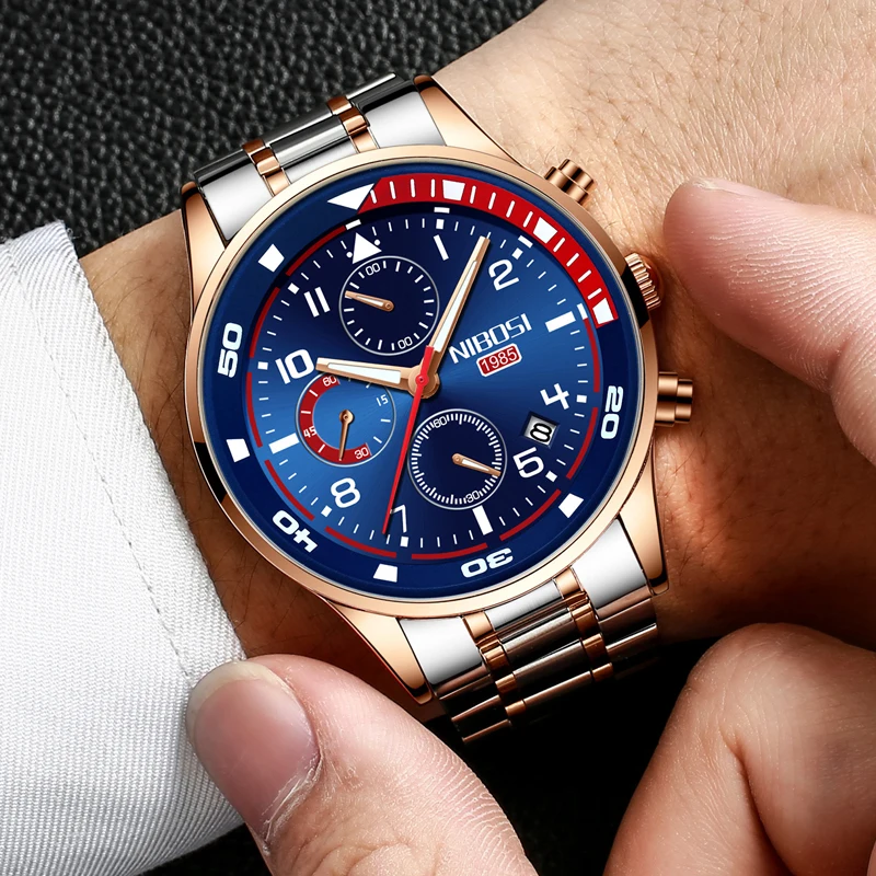 

NIBOSI Fashion Blue Mens Watches Top Brand Luxury Stainless Steel Sports Chronograph Quartz Watch Men Relogio Masculino Saat