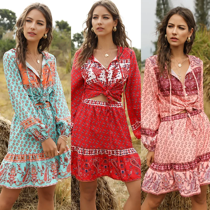 Boho Цветочный принт из двух предметов летний комплект для женщин с длинным