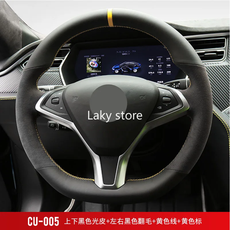 

DIY Hand-stitched Anti-Slip Faux Leather Car Steering Wheel Cover for Tesla Model S Model X 15inch 38cm Black Yellow Bar