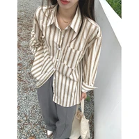 striped polo collar shirt womens autumn new french retro loose thin wild long sleeved shirt
