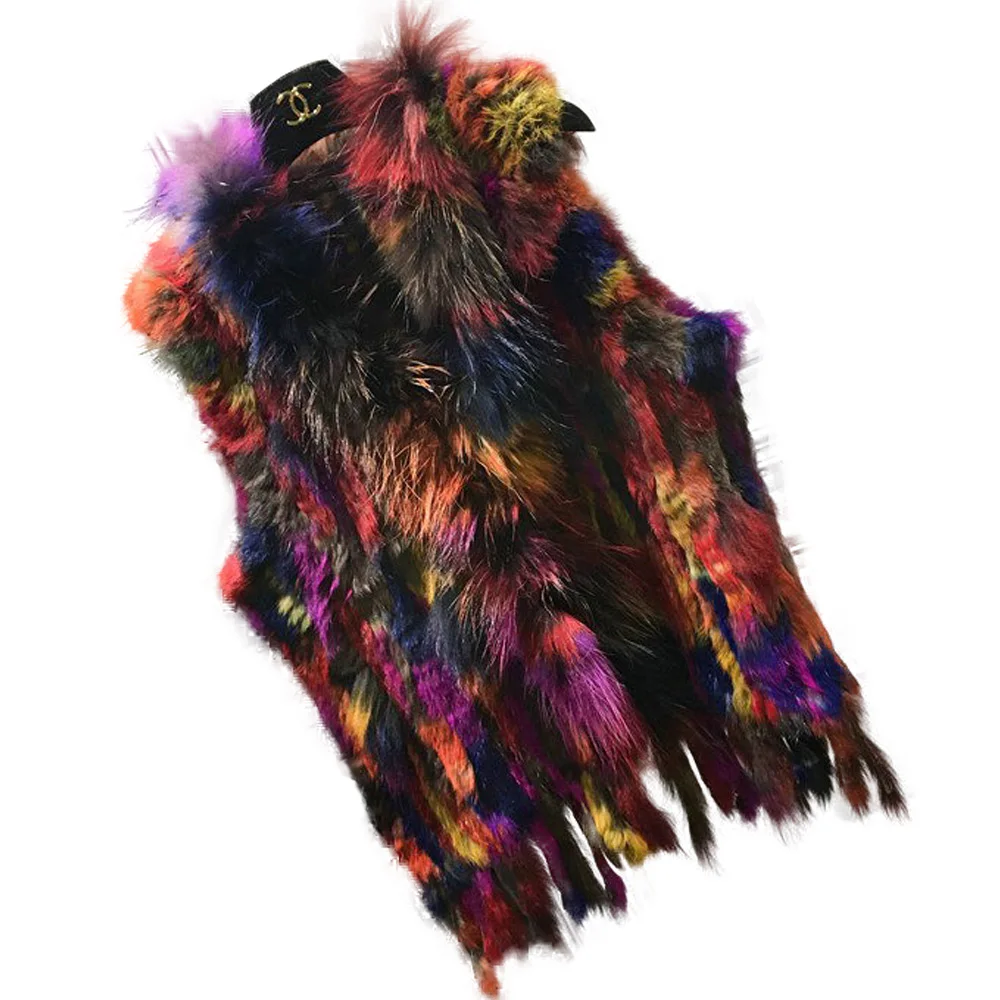 Женский трикотажный жилет из натурального кроличьего меха с воротником енота|fur