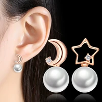 cute lovely asymmetrical star moon stud earrings for women shiny crystal elegant pearl stud engagement earring piercing jewelry