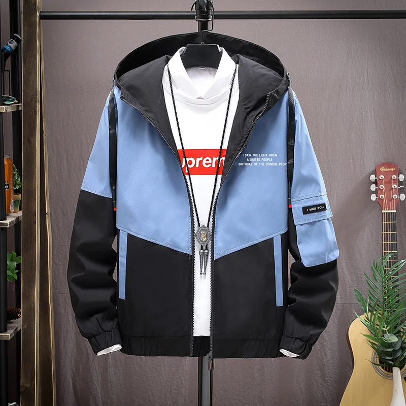 

Men's New Fashion Hooded Spliced Jacket Male Hot Sale Sport Outerwear Casual Streetwear Men Harajuku Windbreaker Oversize Coat