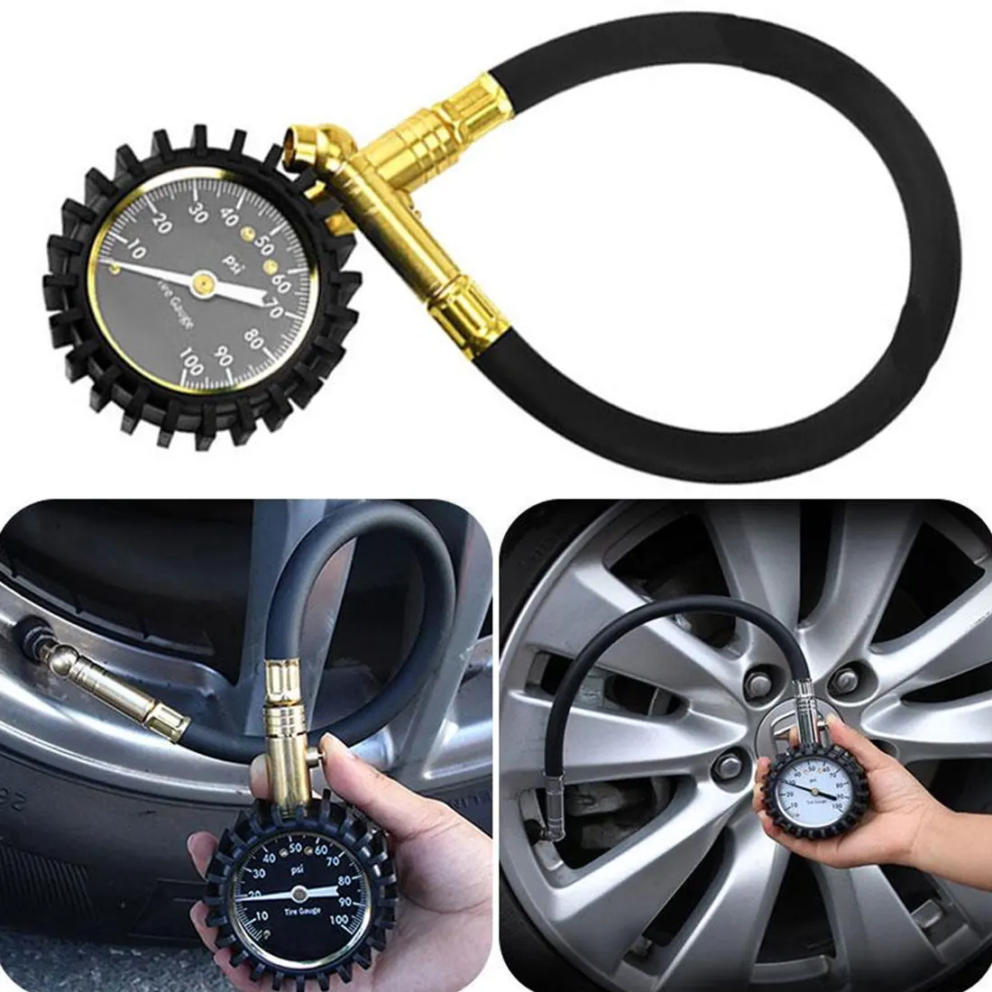 

100 PSI Tire Pressure Gauge Auto for Bike Motorcycle Car Air Tire Pressure Inflator Car Truck Gauge Flexible Hose Pressure Gauge
