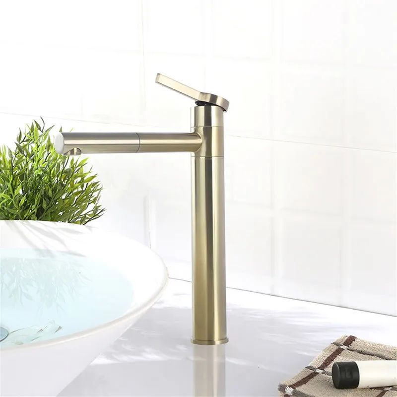 

Basin Faucet Brass Sink Mixer Tap Hot & Cold Bathroom Deck Mounted Brushed Gold Rotating Pull Out Faucet Lavatory Crane Tap