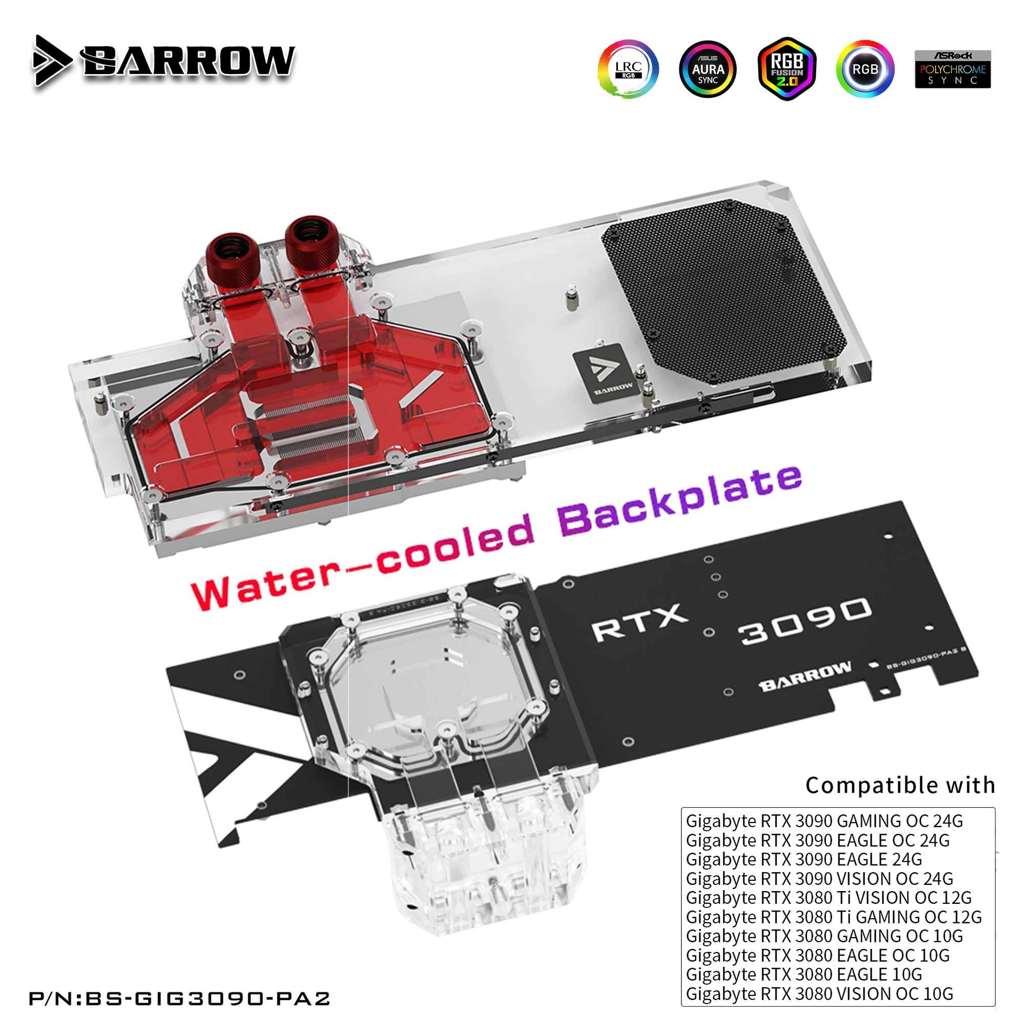   Barrow GPU  GIGABYTE 3090, 3080Ti, 3080, GAMING EAGLE VISION , Waterway Backplate BS-GIG3090-PA2 B