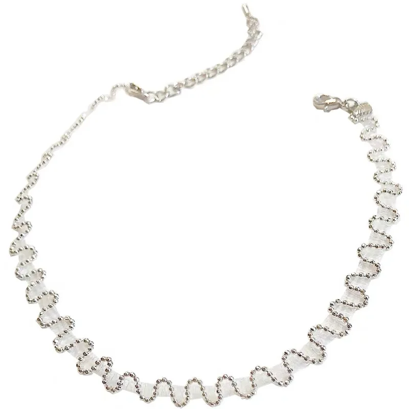 

LIWO Korean Beads Choker Necklace Silver Color Wavy Beads Chain Collor Romantic Geometric Neckband Necklace Women Jewelry Gift