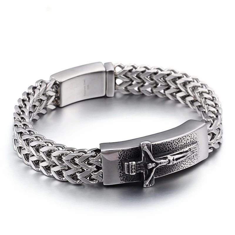 

HAOLYNJOY Classic Christian Jesus Cross Charm Bracelets For Men Stainless Steel Mesh Chain Link Bracelet Armband Prayer Jewelry