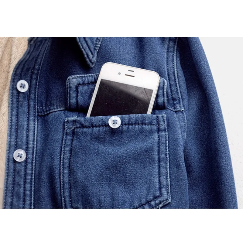 

2021 Autumn Vintage Denim Shirt Women Korean Long Sleeve Thick Warm Slim Solid Blouse Ladies Tops Plus Size Clothing 3XL G716