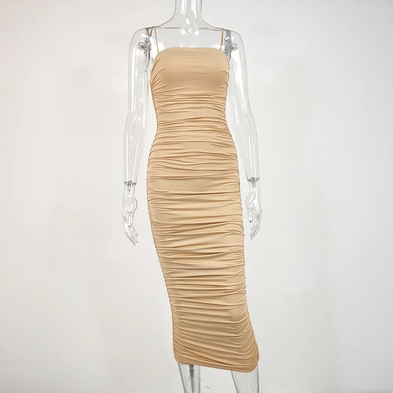 

Fashion 2020 ruched midi dress Women sexy spaghetti strap slash neck sleeveless bodycon dress white birthday dress for women