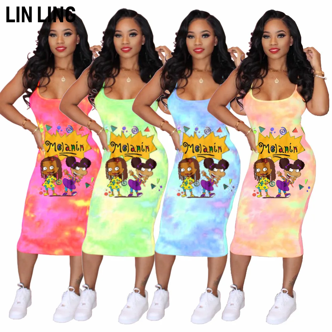 

LINLING Knitted Suspender Vest Long Skirt Trend Tie Dyed Cartoon Pattern with Bottom Elastic Slim Dress