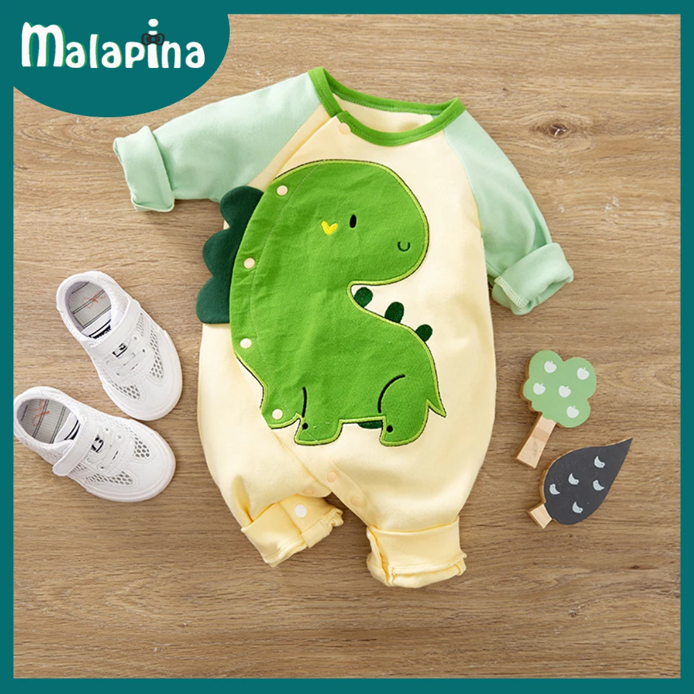 

Malapina New Born Baby Clothes Unisex Cotton Green Dinosaur Animal Print Onesie Long Sleeve Romper Toddler Playsuit