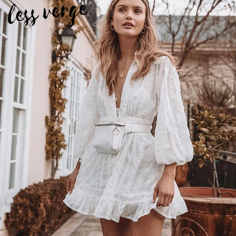 Женское кружевное платье с длинным рукавом белое Сетчатое Хлопковое v-образным