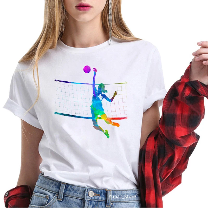 

Hot sale watercolor volleyball girls printed tshirt women love sports tees summer 2021 top female white t-shirt funny t shirts