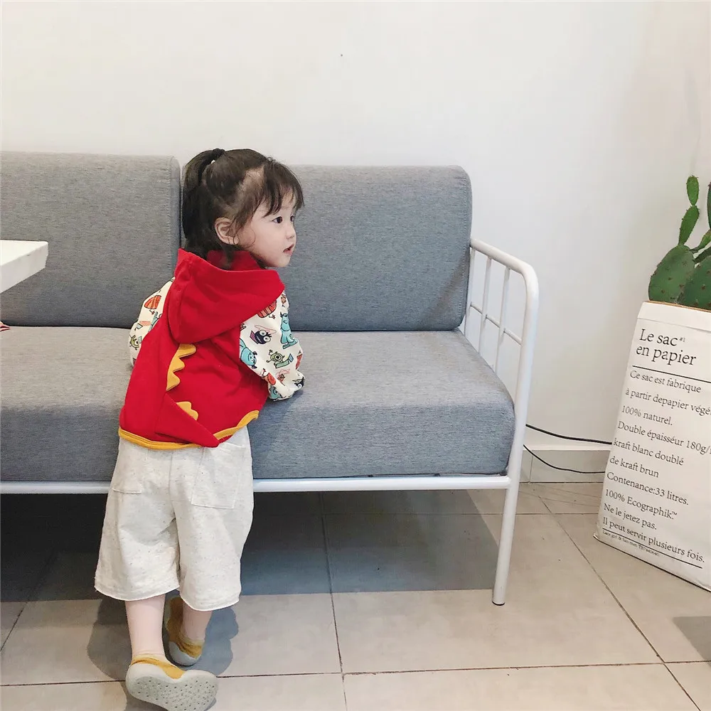 Tonytaobaby/осенняя одежда; Новая детская одежда; толстовка с капюшоном с принтом «Монстр динозавров» для девочек и мальчиков