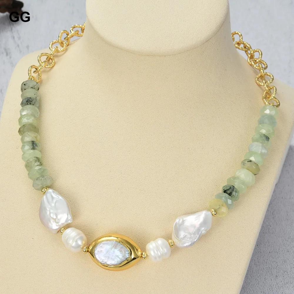 

GuaiGuai Jewelry 20'' Freshwater White Pearl Prehnite Chain Necklace