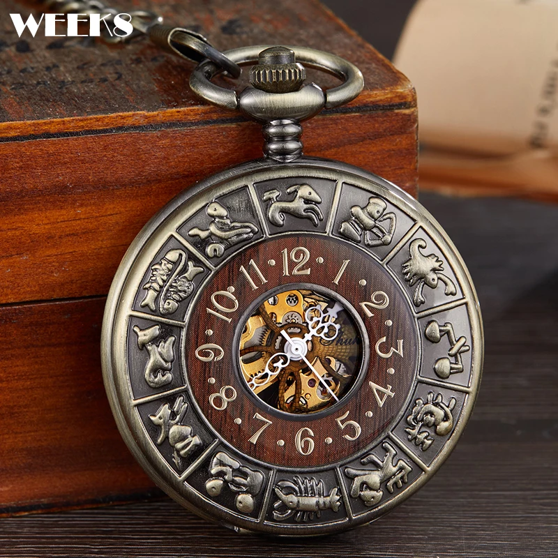 

Antique 12 Zodiac Mechanical Pocket Watch for Collection Roman Numerals Skeleton Fob Chain Clock with Gift Box for Men Women