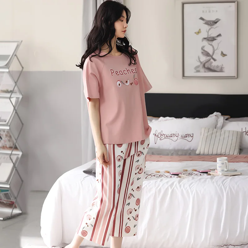 

Peach Pajamas Women's Summer Korean Style Pure Cotton Short Sleeve Cropped Pants Thin Suit Student Age-Reducing Home Wear Spring