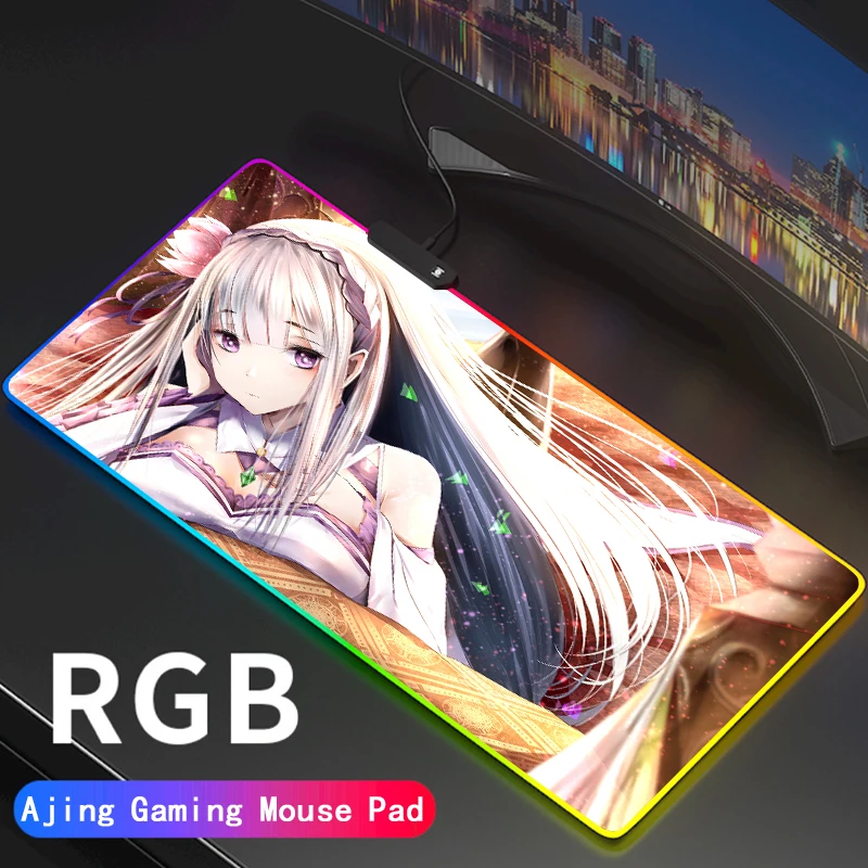 

Re:Zero Girly Gaming Emilia RGB Mouse Pad Rem Cute Cartoon Mousepad Backlit Mousepad for Large LED Mice Desk Carpet