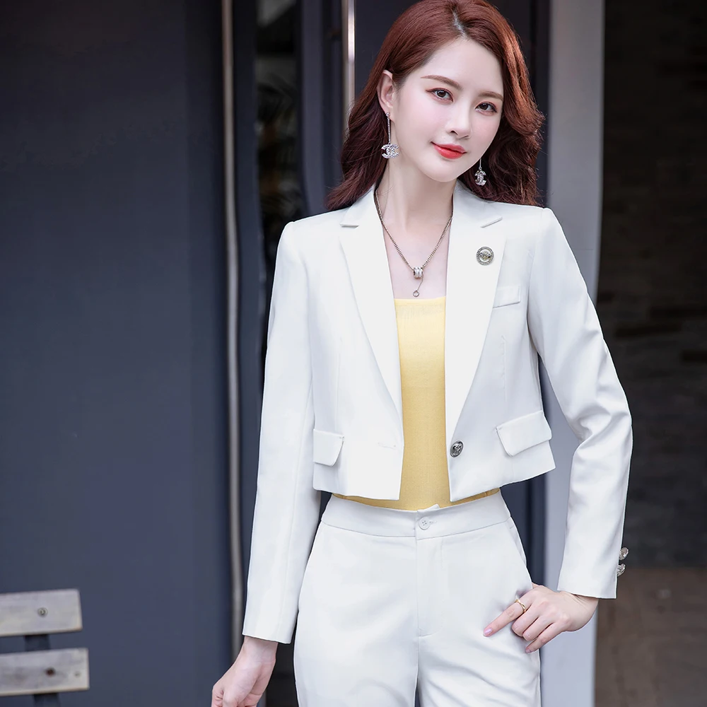 2021SS Black White Women's Pants Suit 2 Pieces Set Formal Elegant Ladies Short Blazer Female Long Sleeve Jacket + Trousers
