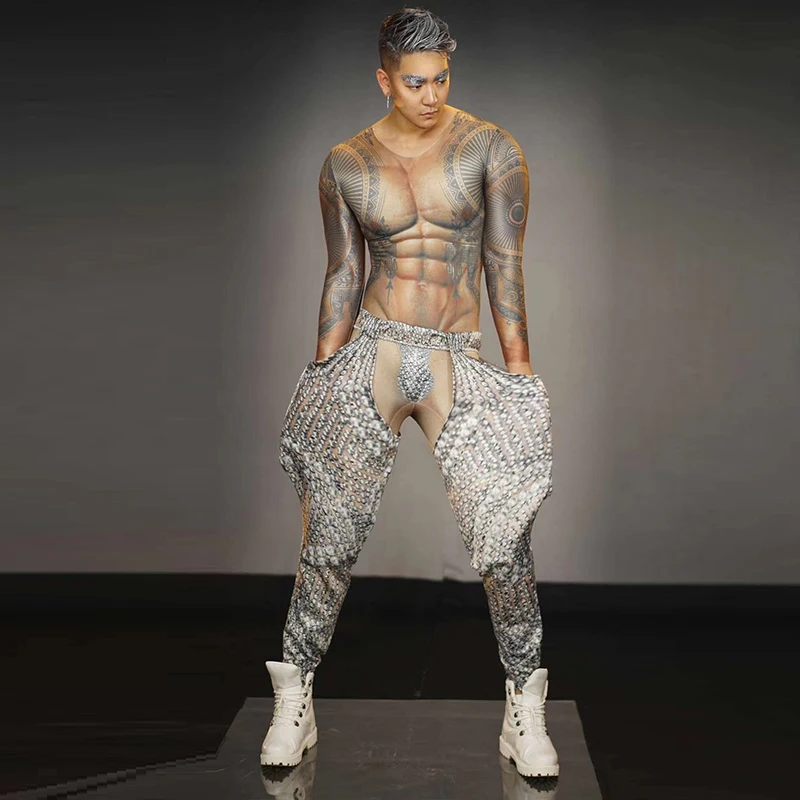 Модный сексуальный мужской комбинезон с принтом тату меховое пальто для ночного