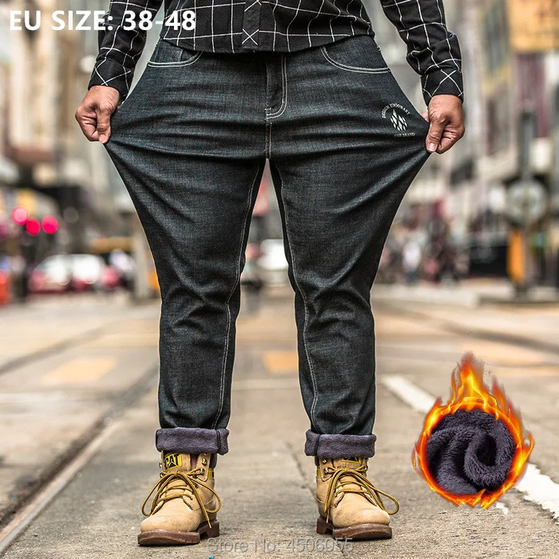 Черные джинсы зимние мужские флисовые Стрейчевые штаны 42 44 46 48 большого размера