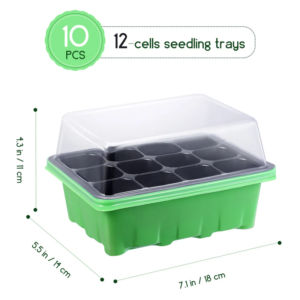 OUNONA 10 Pcs Seedling Tray Sprout Plate 12-Cells Nursery Pots with Transparent Lids Box For Gardening Bonsai (Green) | Дом и сад
