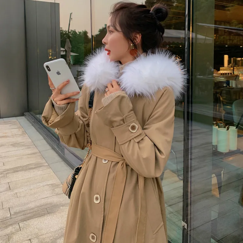 

Medium-long Style Parkas Women Single Breast Pocket Solid Sashes Womens Loose Outwear Streetwear Fashion Casual Fur Collar Chic