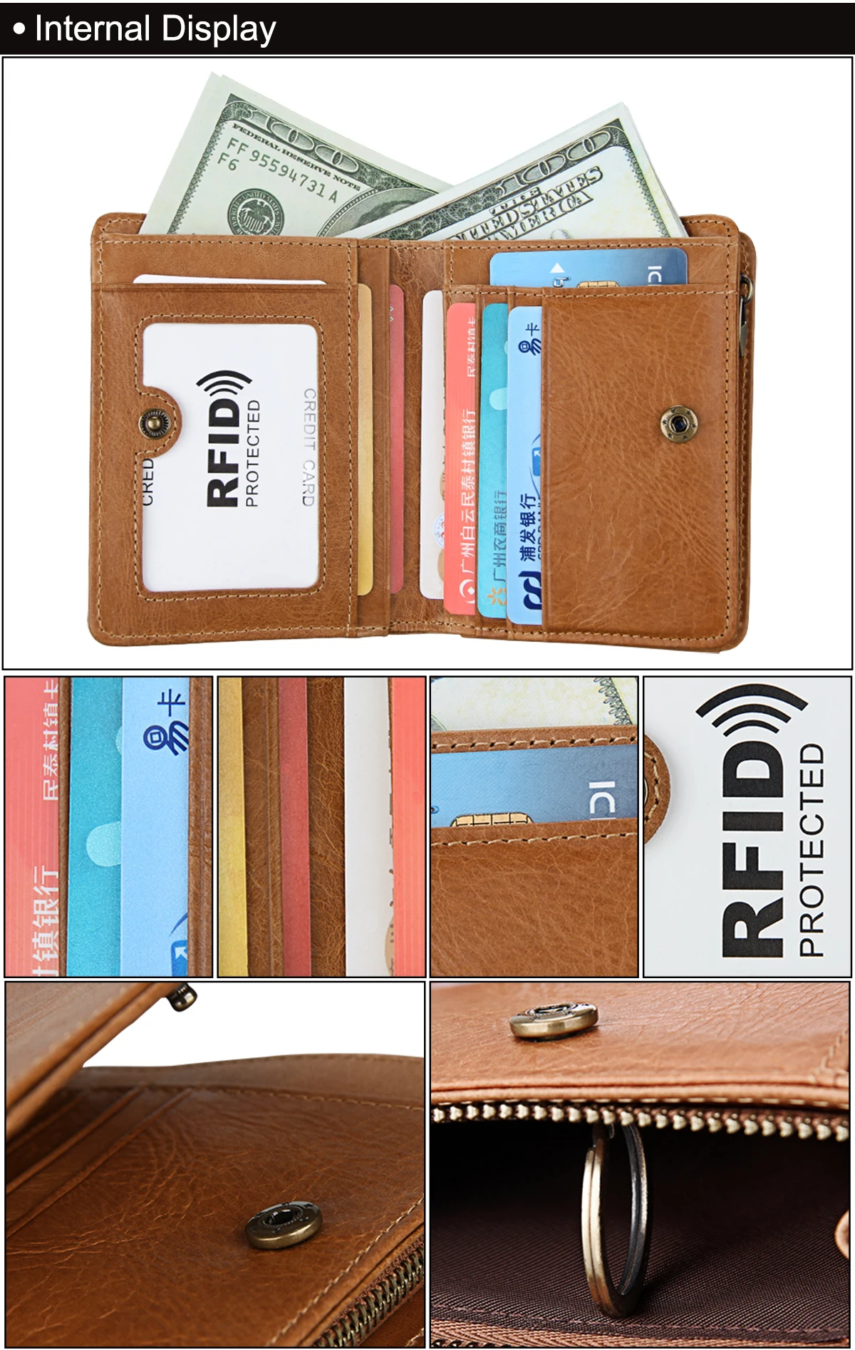 Кошельки для мужчин Роскошные из натуральной кожи RFID Блокировка держатель кредитной карты Двойные коричневые кошелек бумажник с застежкой молнией карман для монет