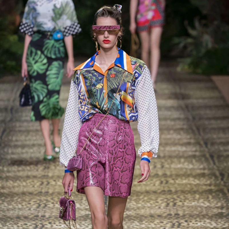 

Single-Breasted Long Sleeve Print Animal Polka Dot Long Sleeve Shirt Sexy Packing Hip Mini Skirt Two-Piece Suit Spring Summer