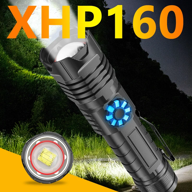 

W619 Flashlight XHP160 Most Powerful LED Torch Telescopic Zoom Input Output Stepless Dimming with Type-c USB by 26650 or 18650