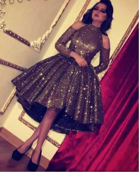 

Bling Bling Chocolate Sequin Crystal Ball Gown Short Homecoming Dresses High Low Long Sleeve Cocktail robe de soiree
