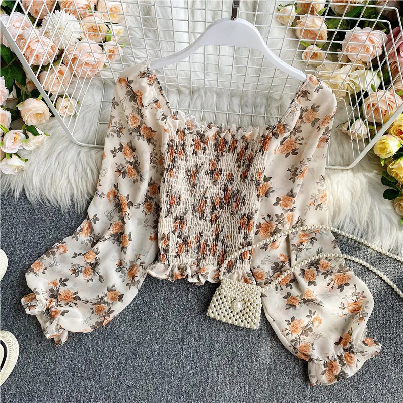 

Autumn Retro Sexy Waist Blouse Female Square Collar Chiffon Puff Sleeve Blusa Temperament High Waist Short Shirt KK1088