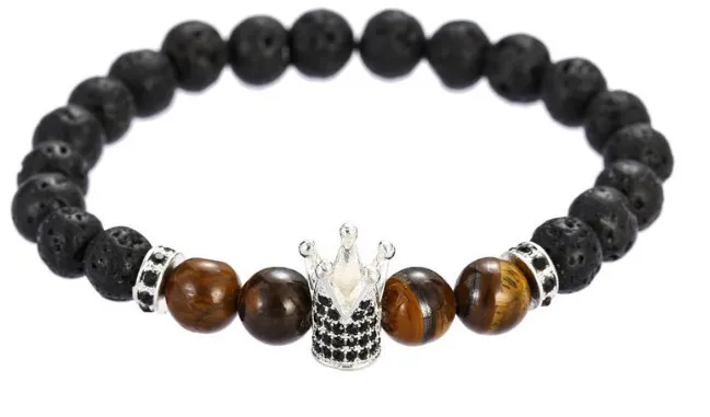 8мм РХ31 Золото Серебро Медь Цирконий Кубический цирконий Эластичный Настроенный Обаятельный камень Черный вулканическая корона Лава Браслет.