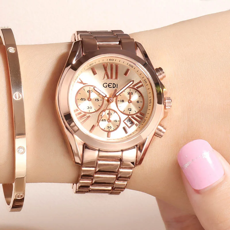 Feminino à Prova Relógios para Feminino Luxo Rosa Ouro Relógio Casual Dwaterproof Água Calendário Único Quartzo Negócio Vestido Senhora